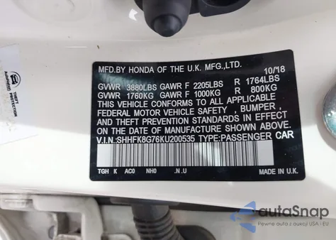 2019 Honda Civic Type R Touring from USA, damaged, VIN SHHFK8G76KU200535